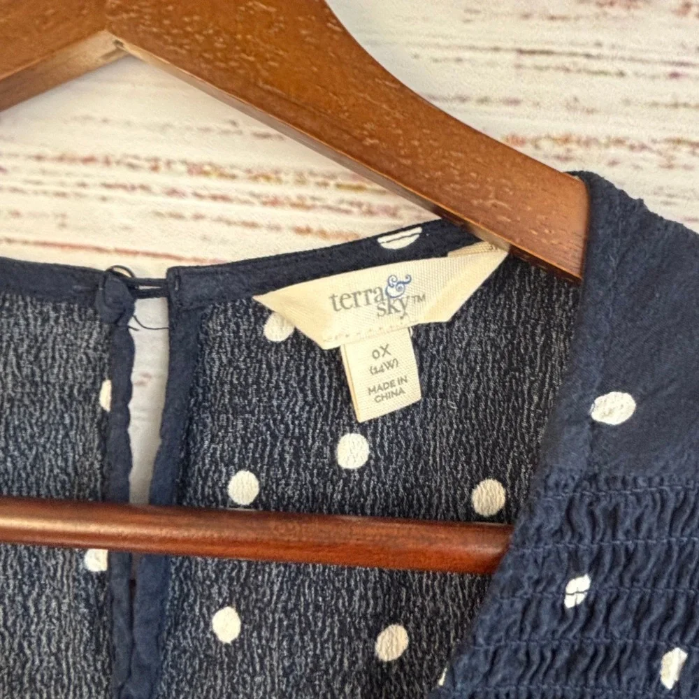 Navy Flowy Polka Dot Smocked Yoke Blouse 0X 14 Crepe Peasant Preppy Retro